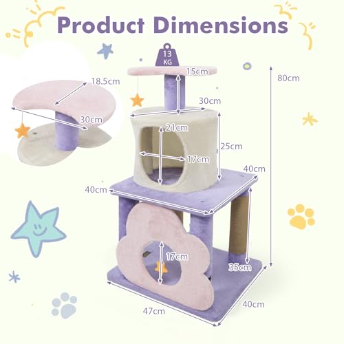 PETSITE 31.5-inch Cute Cat Tree, Multi-Level Small Cat Tree with Scratching Posts, Condo, Star-Shaped Dangling Toys, and Top Perch, Star, Moon & Cloud Elements Mixed, Ideal for Indoor Cats (Purple) - color: Purple