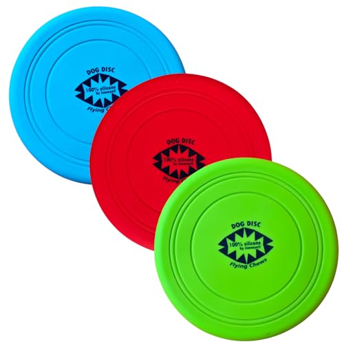 100% Silicone Flying Disc for Dog Training Soft Safe 7 Inches 3 Pack Durable in Green Blue, Red Color