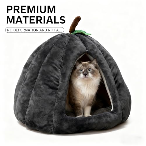 Cat Bed for Indoor Cats - Adorable Cozy Pumpkin Cat Cave with Removable Cushion, Super Soft Pet House Tent for Kittens & Small Pets, Warm & Washable Non-Slip Design(S 15 inch Orange) - style: Pumpkin-Orange