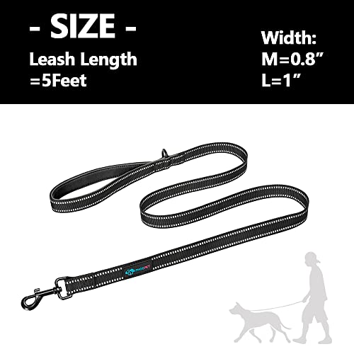 PHOEPET 5 Feet Heavy Duty Dog Leash - Reflective - Soft Padded Handle Traffic Grip for Extra Control (L,Black) - color: Black