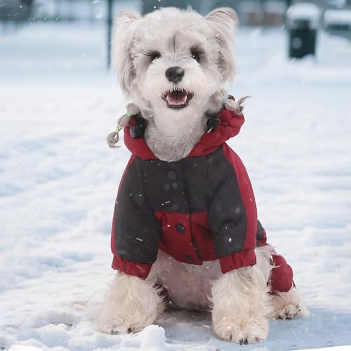 Warm Dog Coat with Hood,Waterproof Windproof Winter Full Body Dog Jacket Snowsuit,Adjustable Cold Weather Pet Clothes (Red, L) - color: Red, size: L