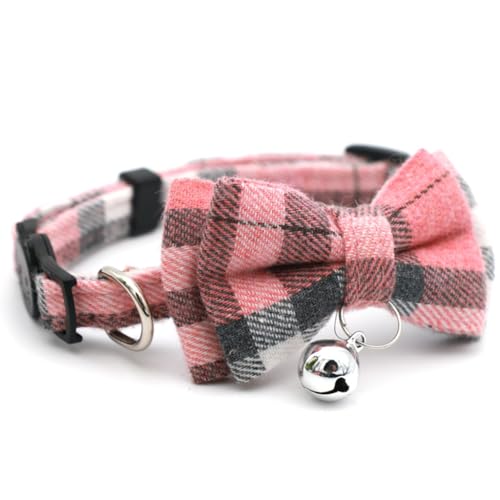 Pink Plaid Bow Kitten Collar with Bell, Breakaway Puppy Collar Bell with Bowtie Christmas Dog Collars Female for XXS Xs Small Tiny Little Pet Dogs Girl Kitten, for Hoilday Birthday Party - color: Pink Plaid