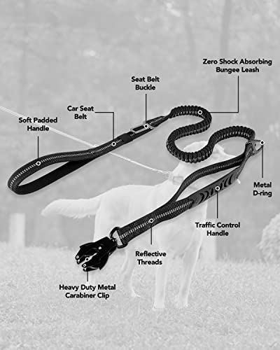 Joytale Tactical Dog Leash Heavy Duty, 4-6FT Shock Absorbing Bungee Lead with 2 Padded Handle, Metal Carabiner Clip, Car Seatbelt, Strong No Pull Leash for Medium Large X-Large Dogs, Black - color: Black