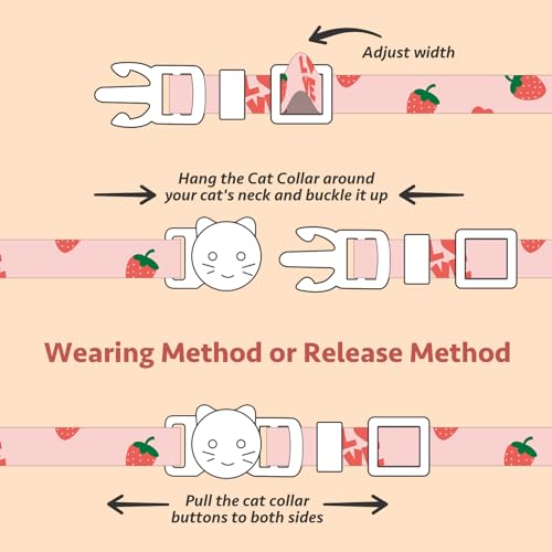 2 Pack Cotton Breakaway Cat Collar Pink Strawberries and White Heart Shaped Pendant Cute Kitten Cat Collar with Bell - color: Pink&White