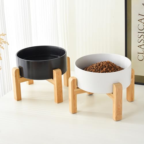 6'' Ceramic Raised Dog Bowl - 30Oz Dog Food & Water Bowl with Elevated Non-Slip Bamboo Stand, Dishwasher & Microwave Safe, Anti Vomiting Heavy Duty Pet Bowl for Small and Medium Dogs, White - color: 1 x Bowl + Stand - White, size: 6 inch