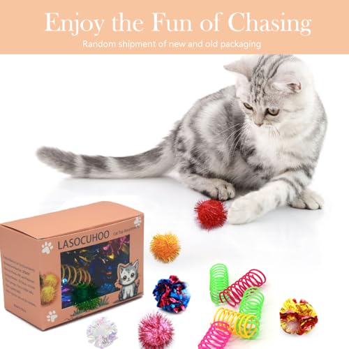 LASOCUHOO Cat Toys, 30 Packs Interactive Cat Toy Pack Including Cat Crinkle Balls, Cat Sparkle Balls, Spiral Springs for Kitten (Random Color)