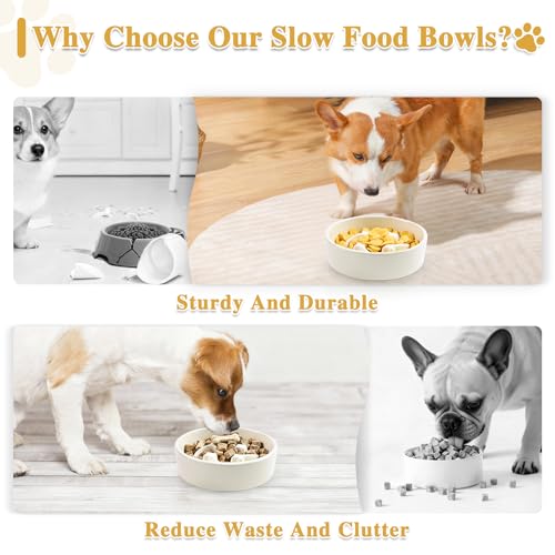 Ceramic Slow Feeder Dog Bowls, 0.6 Cups Dog Food Dish for Small and Medium Breed, Puzzle Dog Food Bowl for Fast Eater, 15OZ, 6.3 inch(Beige) - color: Beige-M