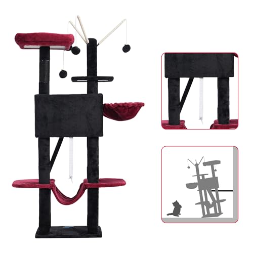 Hey-brother Gothic Cat Tree, 53 inch Cat Tower for Indoor Cats, Cat House with Padded Platform Bed, Toy Balls, Large Cozy Condo, Hammocks and Sisal Scratching Posts, Black and Red MPJ019SBR - color: Black and Red
