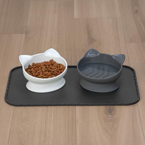 Kitty City Elevated Slow Feeder Cat Bowls (Set of 2), Whisker-Friendly Raised Cat Food Dishes with Ridges, Helps Reduce Fast Eating & Digestion Issues, Dishwasher Safe, 10.8 oz – White & Gray - color: White & Gray, style: Large - Slow Eat