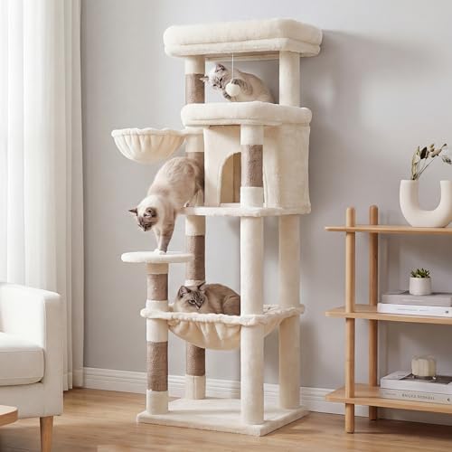 Heybly Cat Tree, 56-Inch Multi-Level Easy Climb Tower for Large Cats, Cat Furniture with 2 Perches, Cozy Hammock, Spacious Condo & Cat Basket, Durable Sisal Scratching Posts, Beige HCT028MJ - color: Beige