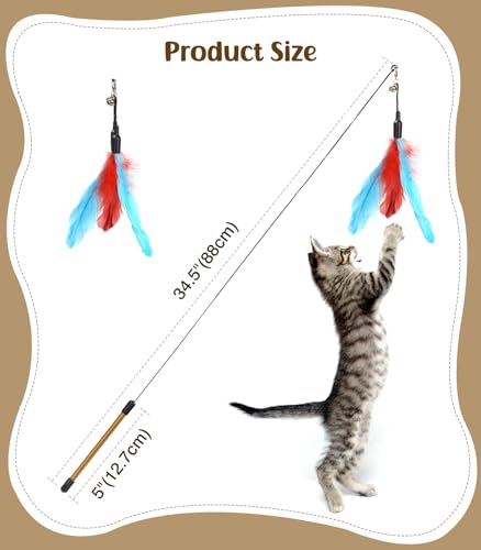 Pawaboo Feather Teaser Cat Toy, Interactive Feather Wand Cats Toy Flying Feathers Cat Catcher with Extra Long 34.5" Wand and Small Bell, Exerciser Playing Toys for Kitten or Cats, Blue + Red Brown - color: Blue + Red Brown