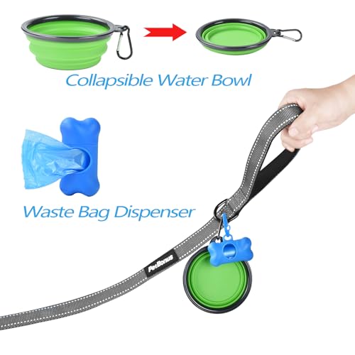 Double Dog Leash, No Tangle Dual Leash, Reflective Walking Training Lead, 4 Comfortable Padded Handles for 2 Dogs with Collapsible Bowl and Waste Bags (Grey, Large) - color: Grey