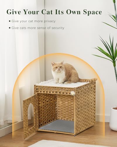 SETVSON Cat Litter Box Enclosure Furniture with One Cat Bed Pad, Hidden Litter Box Handwoven Rattan Cat House with Two S-Shaped Hooks for Living Room, Bedroom, 18.5 x 20.5 x 19.1 Inch,Natural - color: Natural, size: Standard With 1 Cat Bed