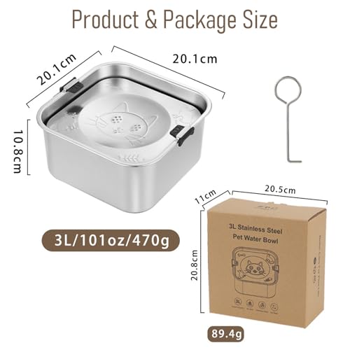 No Spill Water Bowl for Dogs, 101oz/3L Slobber Stopper Stainless Steel, Slow Drinking Dog Water Bowl, Spill Proof, Dishwasher Safe, Silver