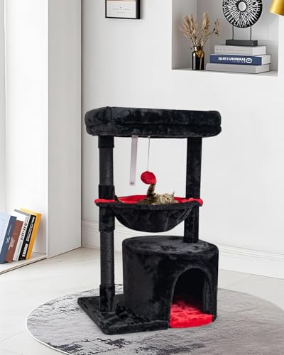 SYANDLVY Gothic Cat Tree with Coffin Bed for Indoor Cats, Small Cat Tower with Scratching Post, Modern Activity House Condo with Cradle, Kittens Cave, Black & Red - color: Black & Red