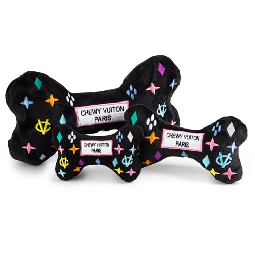 Haute Diggity Dog Chewy Vuiton Bone Plush Squeaky Dog Toy, Soft Durable Designer-Inspired Stuffed Puppy Chew Toys for Small, Medium & Large Dogs, Machine-Washable (Black Monogram) XL - color: Black Bone, size: X-Large
