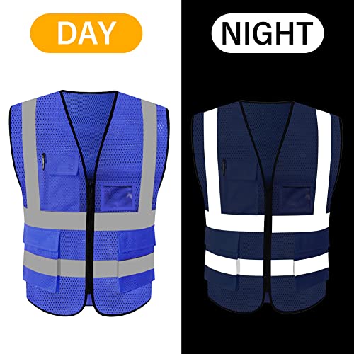 HYCOPROT High Visibility Mesh Safety Reflective Vest with Pockets and Zipper, Meets ANSI/ISEA Standards - color: Blue, size: X-Large
