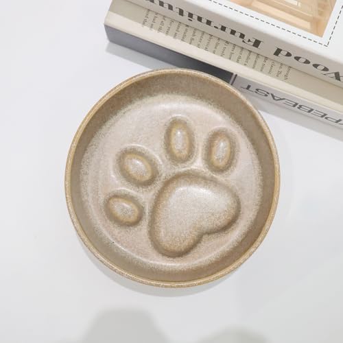 Ceramic Slow Feeder Bowl, 6.69 x 5.7 inches, Elevated Design with Paw Pattern, for Cats and Small Dogs (Khaki) - color: Khaki