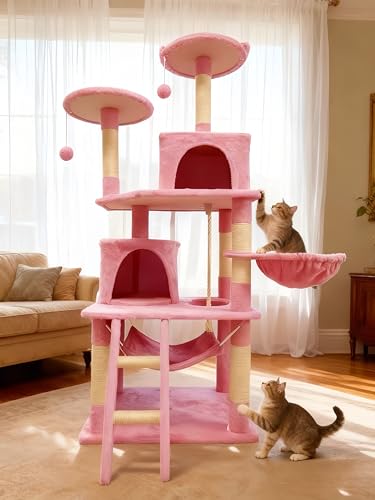 Cat Tree 60.63 inches Cat Tower for Indoor Cats, Multi-Level Cat Condo Furniture with Scratching Posts, Plush Perches, Activity Center with Cozy Basket & Hammock for Cats (Pink) - color: Pink