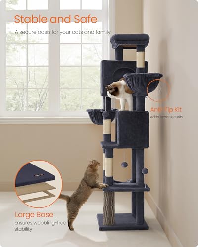 Feandrea Cat Tree, 69-Inch Tall Cat Tower, Multi-Level Plush Condo with 2 Caves, 2 Baskets, 5 Scratching Posts, Self-Groomer, Perch, Hammock, Dark Gray UPCT182G02 - color: Dark Gray