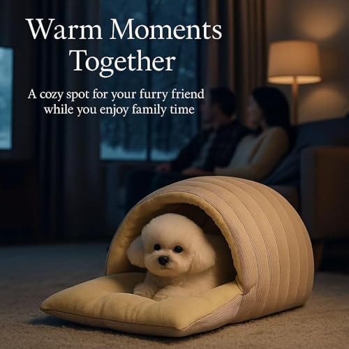 Panmall Cozy Cat Cave Bed, Enclosed Winter Cat House with Removable & Machine Washable Cover, Upgraded Warm Plush Cushion for Indoor Cats & Small Dogs (Beige)
