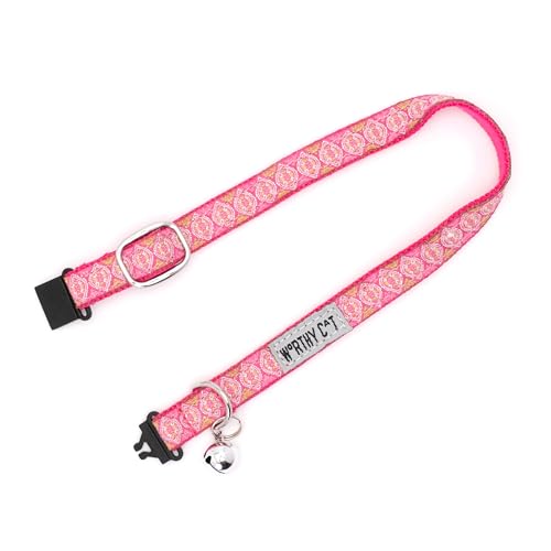 THE WORTHY DOG Patterned Medallion Cat Collar with Bell, Adjustable Nylon Safety Collar, Pink, One Size - color: Pink-Medallion