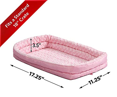 MidWest Homes for Pets XXS QuietTime Double Bolster Pet Bed, Pink Plush 18-Inch Crate Mat with Stacked Bolsters, Machine Washable, Secure Fit with Elastic Straps - color: Pink Plush, size: 18-Inch