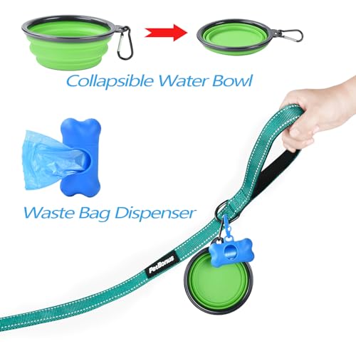 Double Dog Leash, No Tangle Dual Leash, Reflective Walking Training Lead, 4 Comfortable Padded Handles for 2 Dogs with Collapsible Bowl and Waste Bags (Turquoise, Large) - color: Turquoise