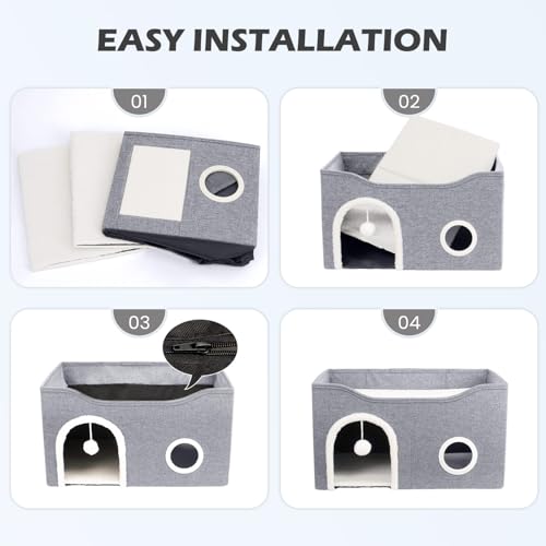 Heeyoo Cat House for Indoor Cats - Large Cat Bed Cave with Fluffy Ball and Scratch Pad, Foldable Cats Houses & Condos, Cat Hideaway, Covered Kitty Bed for Multi Small Large Kitty, 23.8x15.9x13.2 Inch - style: Without heat pad