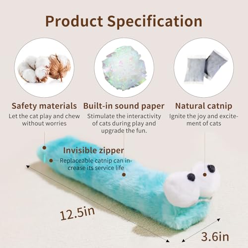 2BB Cat Kicker Toys 3 Pack, 13 Inch Quiet Catnip Toy Pillows for Indoor Cats, Soft Plush Refillable Kick Sticks for Kittens, Interactive Play & Exercise