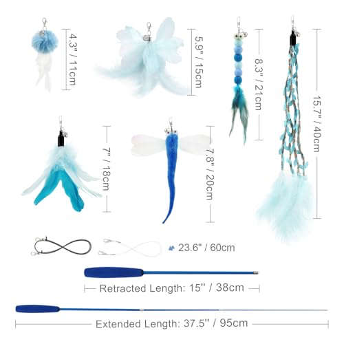 Cat Wand Toys for Indoor Cats - Cat Toy Set with Retractable Teaser Wand and 6 PCS Fairy Feather Toy Refills, Dragonfly Tassel Plush Cat Toys Interactive, Blue - color: Blue