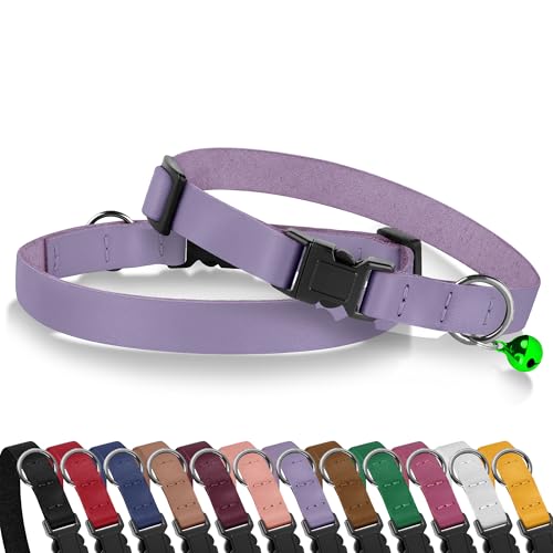 Breakaway Cat Collar with Bell - Leather Adjustable Kitten Collars with Safety Quick Release Buckle - Soft Small Pet Collars for Girl & Boy Cats (Lavender) - color: Lavender