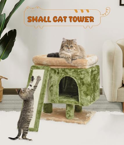 SYANDLVY Small Cat Tree for Indoor Cats, Cat Tower with Scratching Post, Modern Activity House for Large Cats, Condo with Board, Kittens Cave - color: Beige & Green