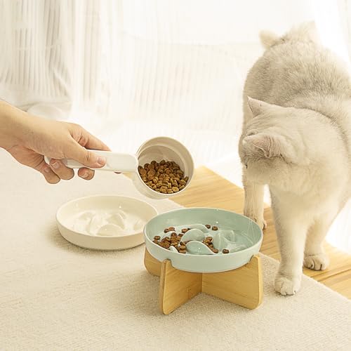 Non-Slip Rubberwood Elevated Cat Feeder Stand - 6.1"x3.5" Detachable Bowl Holder, Ergonomic Anti-Vomiting Raised Pet Dish Stand (Green(Ceramic)-Bamboo Stand) - color: Green(Ceramic)-Bamboo Stand