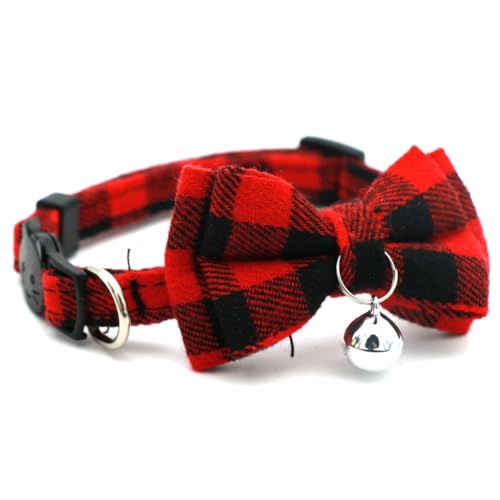 Red Plaid Cat Collar with Bell and Bow, Breakaway Kitten Collar with Bells Bowtie Puppy Collars for XXS Xs Small Little Tiny Pet Dogs Boy Girl, for Christmas Hoilday Birthday Party - color: Red Plaid