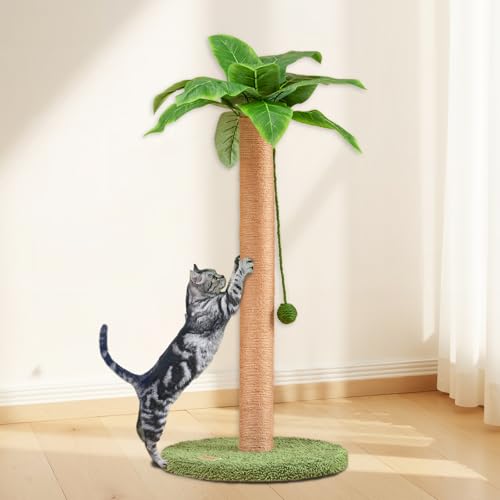 Meowoou Cat Scratching Post 33 Inch Tall Cat Scratcher for Indoor Cats Adults,Small Cat Tree Tower Sisal Rope Kitten Scratch with Interactive Hanging Ball - size: 33 in Green