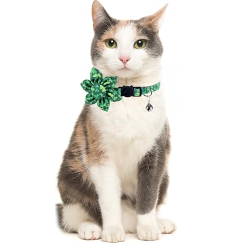 St.Patrick's Day Cat Collar with Bow Tie and Bell Breakaway Adjustable Safety - color: St.Patrick-sunflower