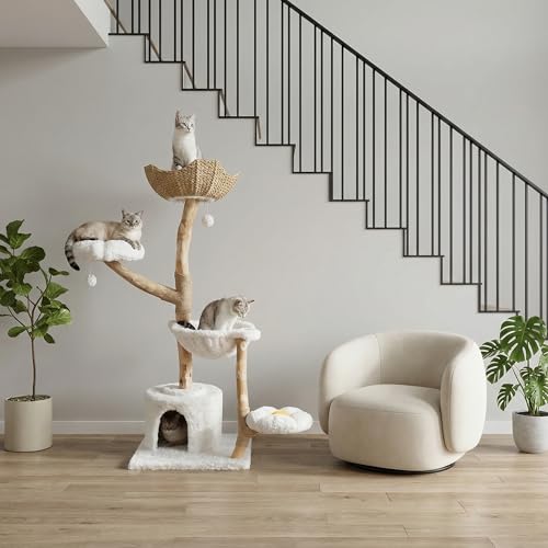 MUTTROS 59" Modern Cat Tree Tower for Large Cats w/2 Flower Perches-Natural Solid Wood Scratching Post with Real Branch-Luxury Boho Cat Furniture w/Condo & Wicker Basket Bed, Cloud White - color: Cloud White, size: 59" Solid Wood Cat Tree