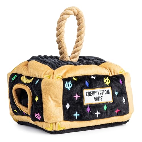 Haute Diggity Dog Chewy Vuiton Trunk Puzzle with 3 Plush Squeaky Dog Toys, Soft Durable Designer-Inspired Stuffed Puppy Chew Toys for Small & Medium Dogs, Machine-Washable (Black Monogram) One Size - color: Black Trunk, size: One Size