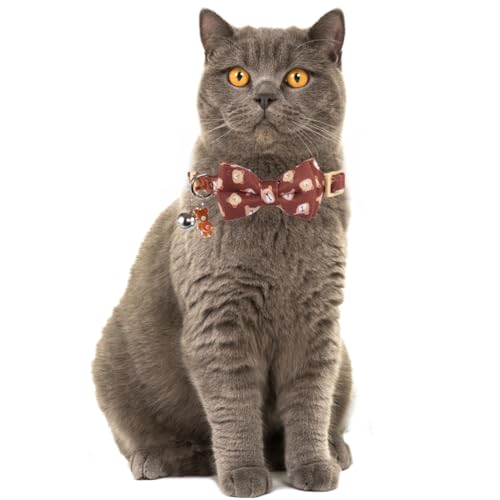 Cat Collar Breakaway with Cute Bow Tie Bandana and Bell Accessories Bear for Kitty Adjustable Safety - color: bear