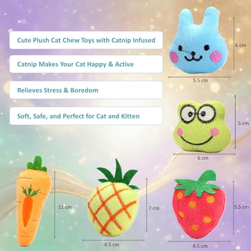 Catnip Toys for Indoor Cats – 5 Pack Plush Cat Toys with Catnip, Interactive Kicker & Chew Toys for Kittens, Cute Soft Indoor Cat Toy Set, Fruit & Animal Designs