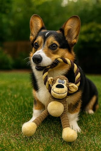 Durable Monkey Dog Toy, Plush Squeaky Stuffed Dog Toy with Rope, Interactive Chew Toy for Teething Puppies and Small, Medium & Large Dogs - color: Brown Monkey