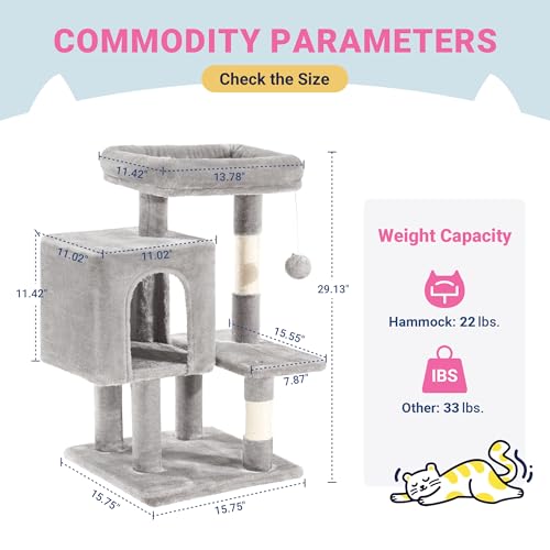Allewie 29 Inches Cat Tree Tower/Plush Perches Platform/Condo/House/Sisal Scratching Posts/Multi-Level Activity Center Furniture for Kittens/Grey - color: Grey