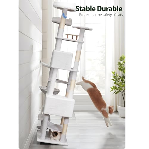 Meecal 79in Tall Cat Tower for Heavy Duty Big Cats, Large Cat Tree with Scratching Post, Plush Perches, Cozy Cat Condos & Hanging Hammocks for Maine Coon, White - color: White