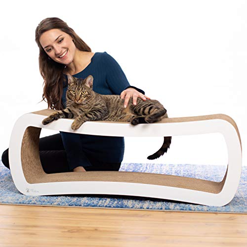 PetFusion Jumbo Cat Scratcher Lounge, White. 39 x 11 x 14 inch 4 Cardboard Scratching Surfaces and 2 Levels, Scratch, Play, Perch, and Hide100% Recyclable Cardboard Cat Lounge