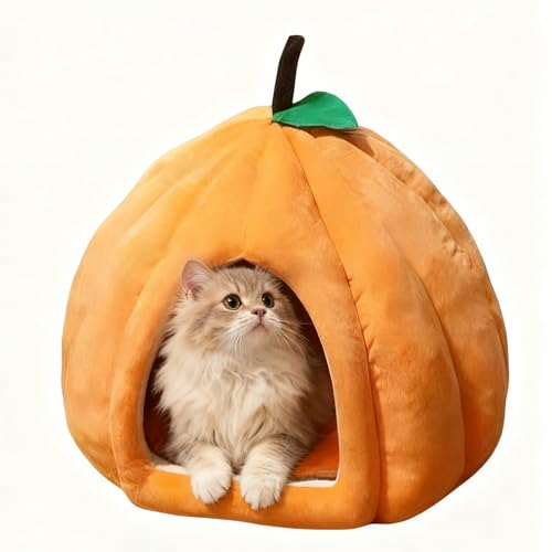 Cat Bed for Indoor Cats - Adorable Cozy Pumpkin Cat Cave with Removable Cushion, Super Soft Pet House Tent for Kittens & Small Pets, Warm & Washable Non-Slip Design(M 17.7 inch Orange) - style: Pumpkin-Orange