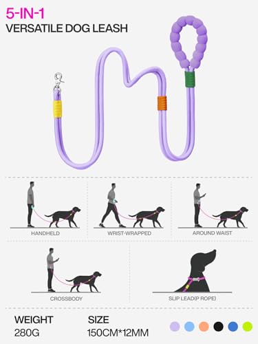 Hands Free Dog Leash, 5-in-1 Adjustable Waist Training Leash for Walking& Hiking – Dual Lead Rope with Padded Handle,MGBR Rotating Metal Clip - color: Classic-Grape Violet-5Ft