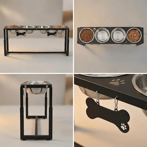 Metal Elevated Dog Bowls, Raised Dog Bowls for Medium/Large Sized Dogs with Four 58oz Stainless Steel Food Bowls, 3 Adjustable Height (8.8"/11.5"/14") Dog Bowl Stand Protect Neck & Joints - size: 8.8-14" | M/L Dogs | 4×58oz Bowls