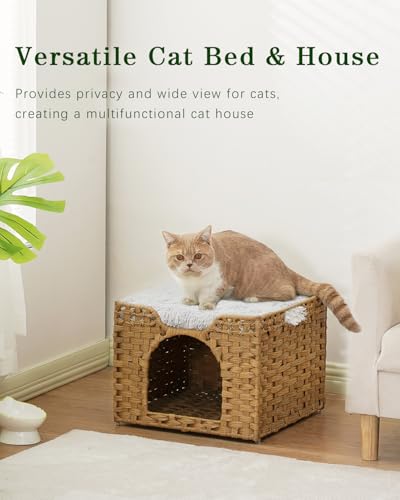 SETVSON Cat Beds Indoor Kitten House, Handwoven Rattan Cat Cave Pet Cube, Large Cat Houses, One Bed Mat, Foldable, Hideaway, 16.5x16.5x13.2 Inches, 2 S-Shaped Hooks in Living Room Bedroom Natural - color: Natural, size: Rectangle-M
