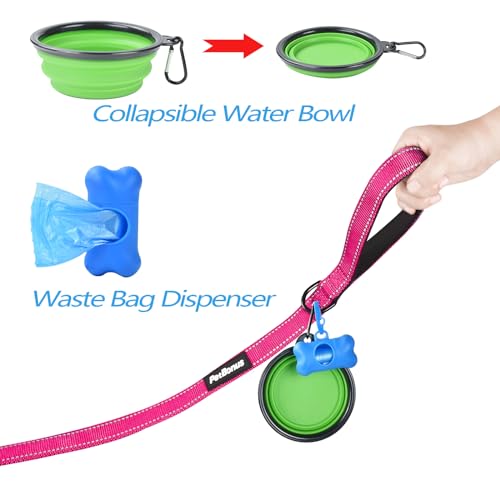 Double Dog Leash, No Tangle Dual Leash, Reflective Walking Training Lead, 4 Comfortable Padded Handles for 2 Dogs with Collapsible Bowl and Waste Bags (Pink, Large) - color: Pink